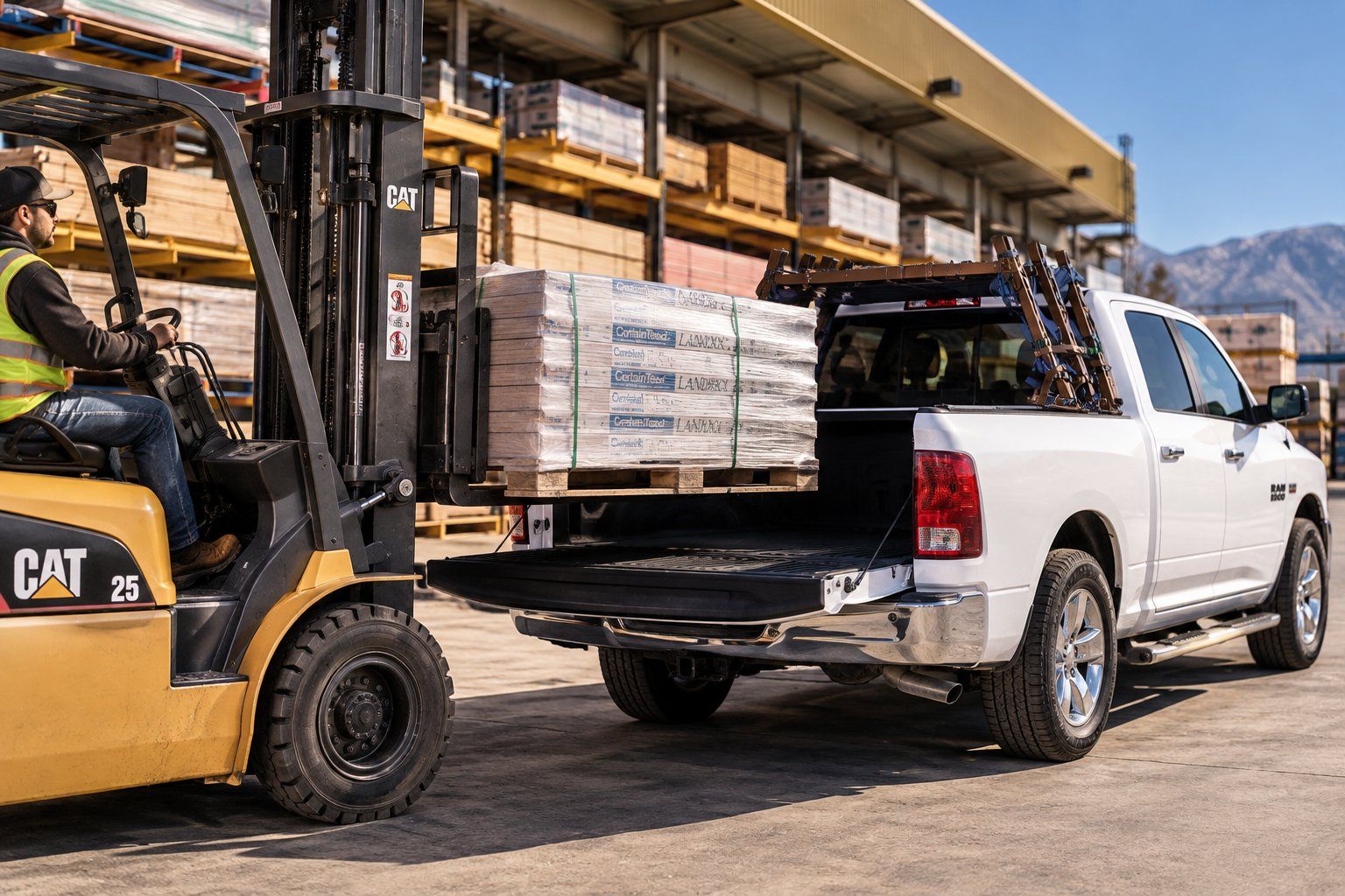 Forklift loading pallets into the open bed